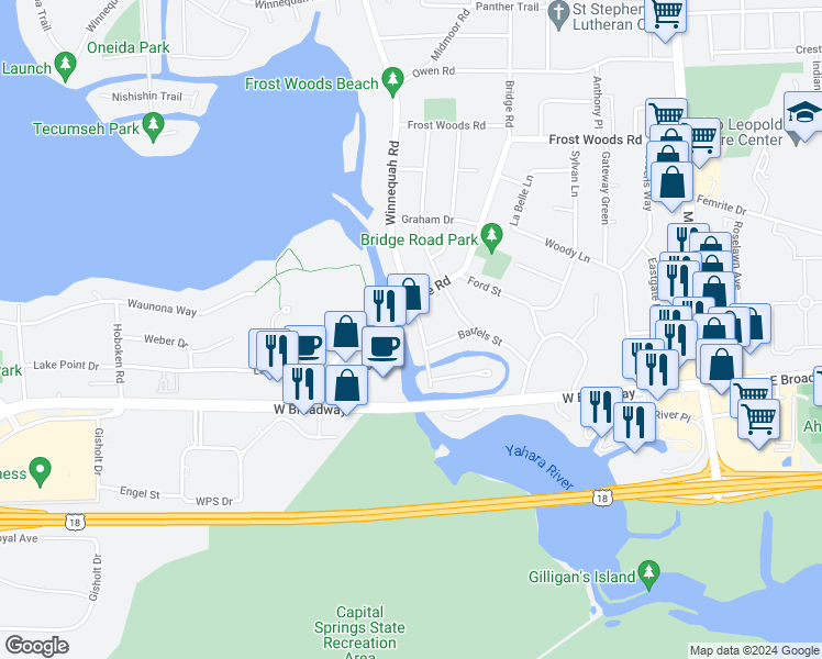 map of restaurants, bars, coffee shops, grocery stores, and more near 6308 Bridge Road in Monona