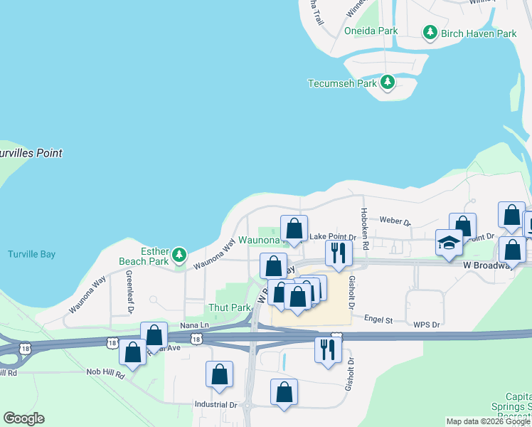 map of restaurants, bars, coffee shops, grocery stores, and more near 2512 Waunona Way in Madison