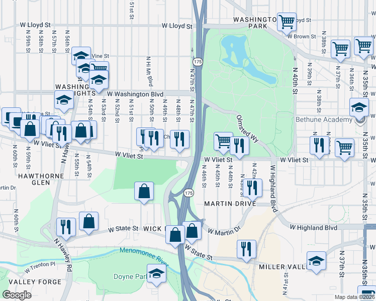 map of restaurants, bars, coffee shops, grocery stores, and more near 1454 North 48th Street in Milwaukee