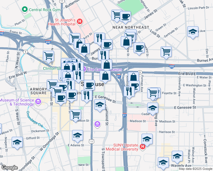 map of restaurants, bars, coffee shops, grocery stores, and more near 424 East Water Street in Syracuse