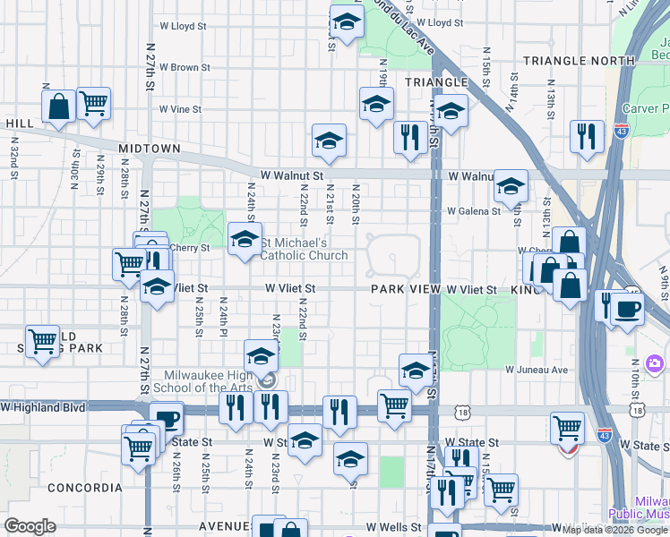 map of restaurants, bars, coffee shops, grocery stores, and more near 2033 West Cherry Street in Milwaukee