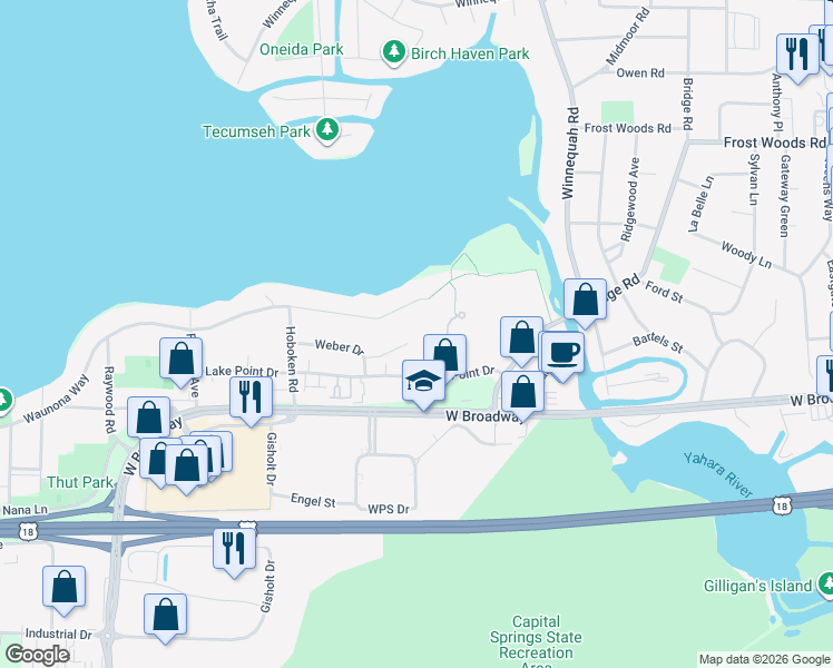 map of restaurants, bars, coffee shops, grocery stores, and more near 1602 Wild Oak Circle in Madison