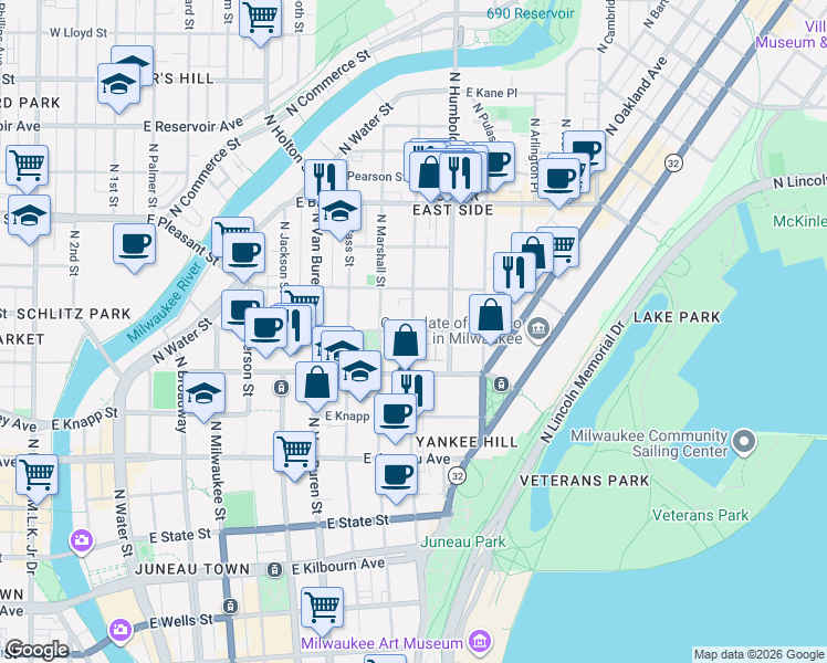 map of restaurants, bars, coffee shops, grocery stores, and more near North Astor Street in Milwaukee