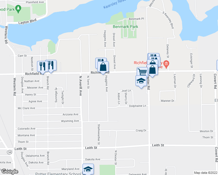 map of restaurants, bars, coffee shops, grocery stores, and more near 3820 Huggins Avenue in Flint