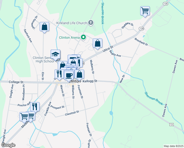 map of restaurants, bars, coffee shops, grocery stores, and more near 11 Mulberry Street in Clinton