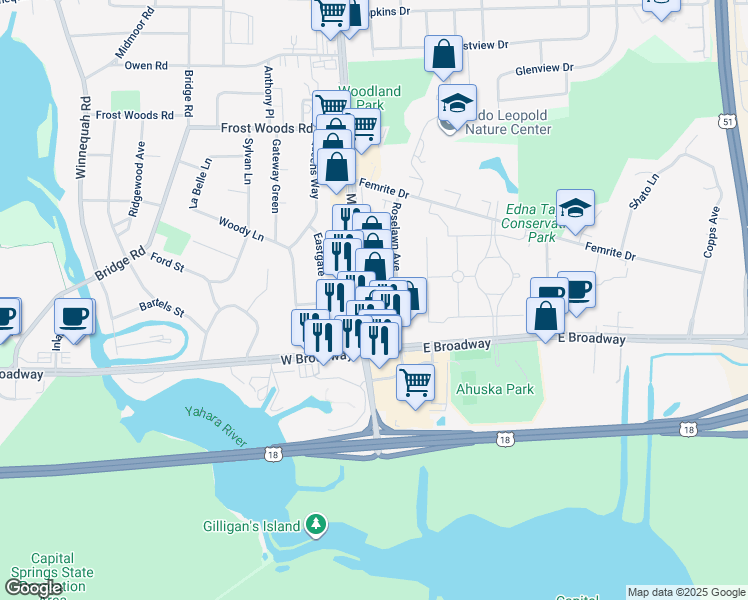 map of restaurants, bars, coffee shops, grocery stores, and more near 6306 Monona Drive in Monona