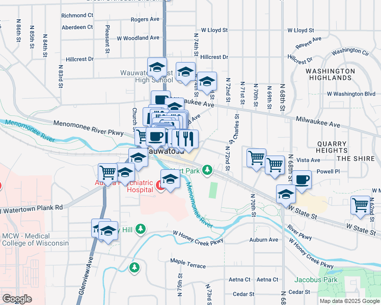 map of restaurants, bars, coffee shops, grocery stores, and more near 7400 West State Street in Wauwatosa