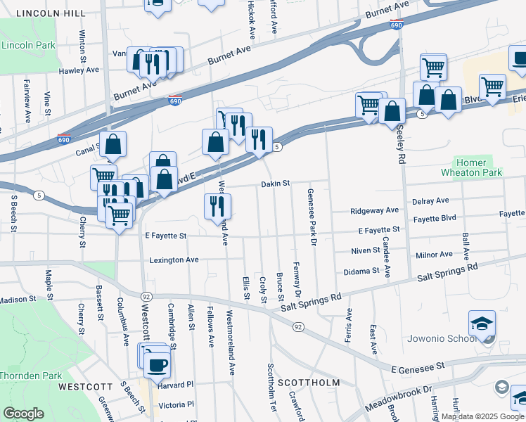 map of restaurants, bars, coffee shops, grocery stores, and more near 145 Croly Street in Syracuse