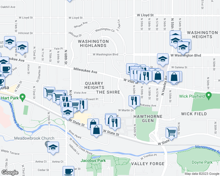 map of restaurants, bars, coffee shops, grocery stores, and more near 1353 North 63rd Street in Wauwatosa