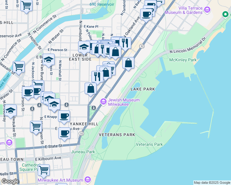 map of restaurants, bars, coffee shops, grocery stores, and more near 1560 North Prospect Avenue in Milwaukee