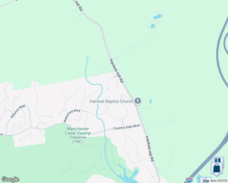 map of restaurants, bars, coffee shops, grocery stores, and more near 39 Treetop Lane in Manchester