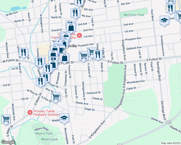 map of restaurants, bars, coffee shops, grocery stores, and more near 16 South Judson Street in Gloversville