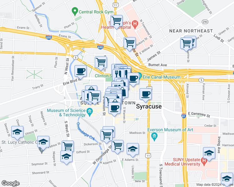 map of restaurants, bars, coffee shops, grocery stores, and more near 121 South Salina Street in Syracuse