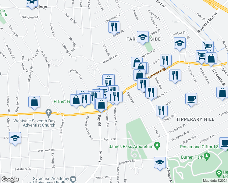 map of restaurants, bars, coffee shops, grocery stores, and more near 2002 1/2 West Genesee Street in Syracuse
