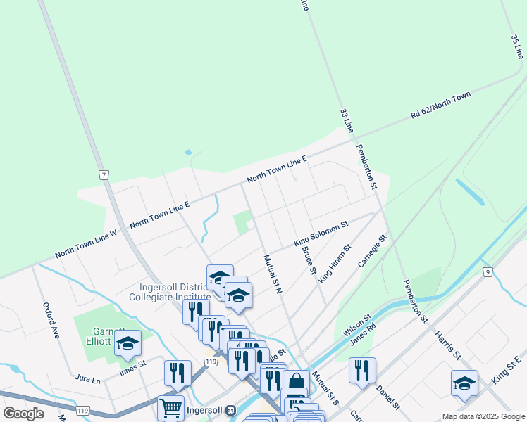 map of restaurants, bars, coffee shops, grocery stores, and more near 275 Evelyn Avenue in Ingersoll