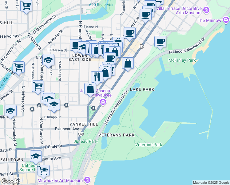 map of restaurants, bars, coffee shops, grocery stores, and more near 1560 North Prospect Avenue in Milwaukee