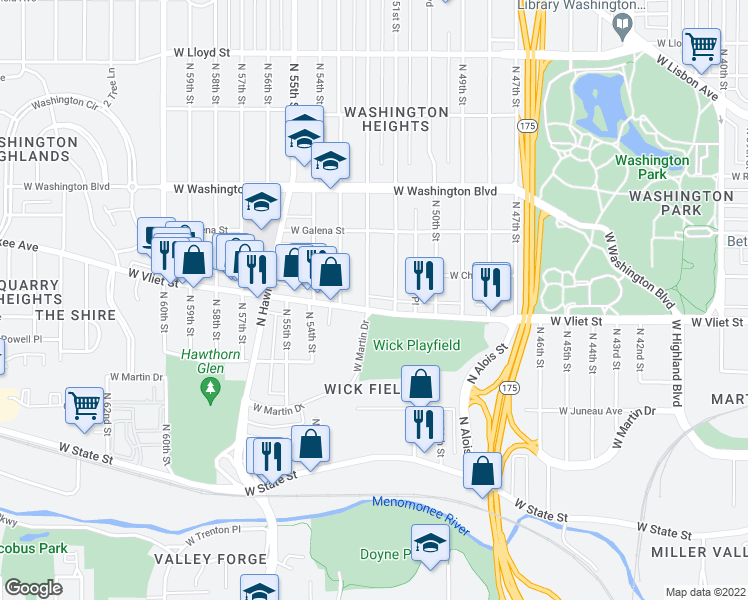 map of restaurants, bars, coffee shops, grocery stores, and more near 1445 North 51st Street in Milwaukee