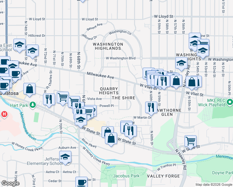 map of restaurants, bars, coffee shops, grocery stores, and more near 1414 North 65th Street in Wauwatosa