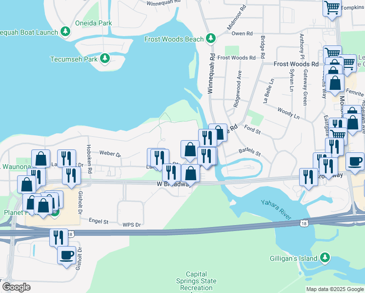 map of restaurants, bars, coffee shops, grocery stores, and more near 6429 Bridge Road in Madison