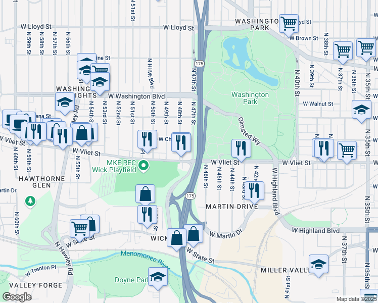 map of restaurants, bars, coffee shops, grocery stores, and more near 1454 North 48th Street in Milwaukee