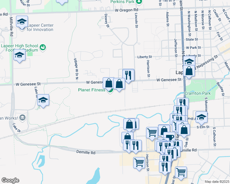 map of restaurants, bars, coffee shops, grocery stores, and more near 1895 West Genesee Street in Lapeer