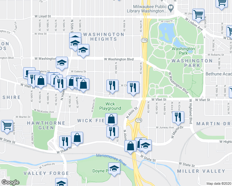 map of restaurants, bars, coffee shops, grocery stores, and more near 1435 N 50th St in Milwaukee