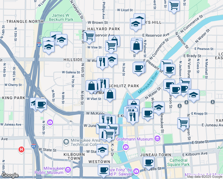 map of restaurants, bars, coffee shops, grocery stores, and more near 1441 North Doctor Martin Luther King Junior Drive in Milwaukee