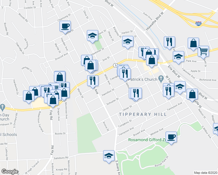 map of restaurants, bars, coffee shops, grocery stores, and more near 405 Willis Avenue in Syracuse