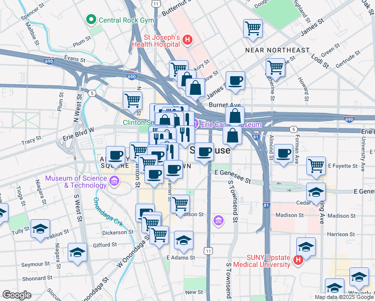 map of restaurants, bars, coffee shops, grocery stores, and more near 210 Montgomery Street in Syracuse