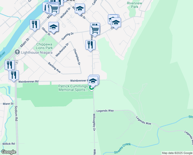 map of restaurants, bars, coffee shops, grocery stores, and more near 8830 Willoughby Drive in Niagara Falls