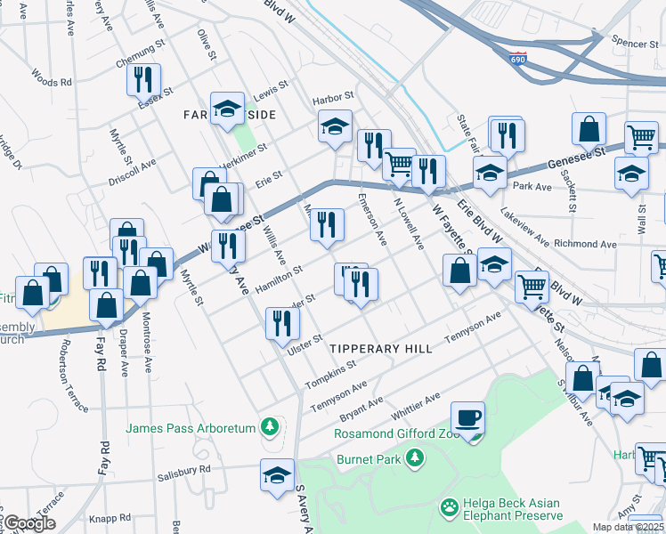 map of restaurants, bars, coffee shops, grocery stores, and more near in Syracuse
