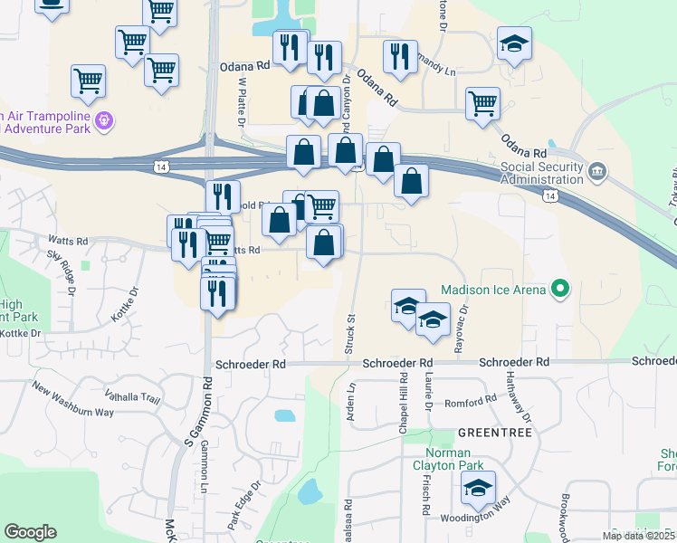 map of restaurants, bars, coffee shops, grocery stores, and more near 6621 Watts Road in Madison