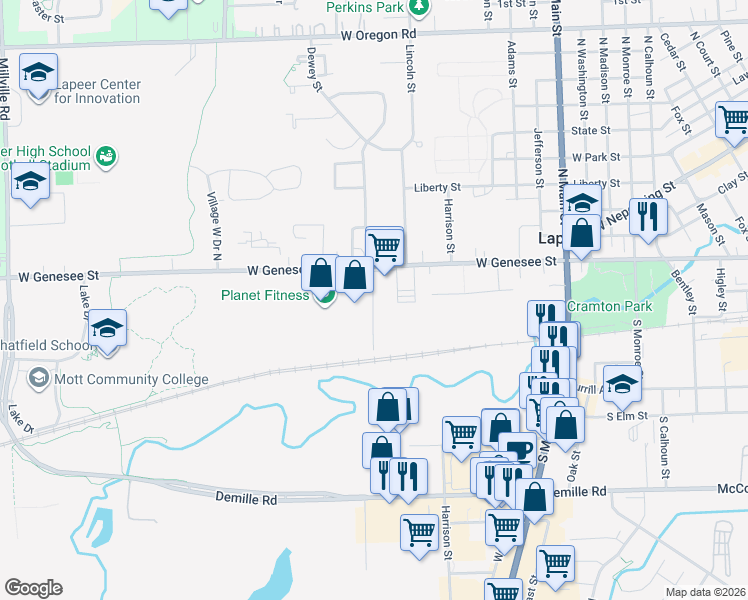 map of restaurants, bars, coffee shops, grocery stores, and more near 1789 West Genesee Street in Lapeer