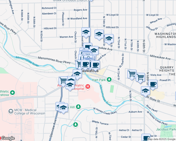 map of restaurants, bars, coffee shops, grocery stores, and more near in Wauwatosa