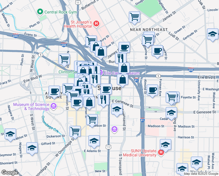 map of restaurants, bars, coffee shops, grocery stores, and more near in Syracuse