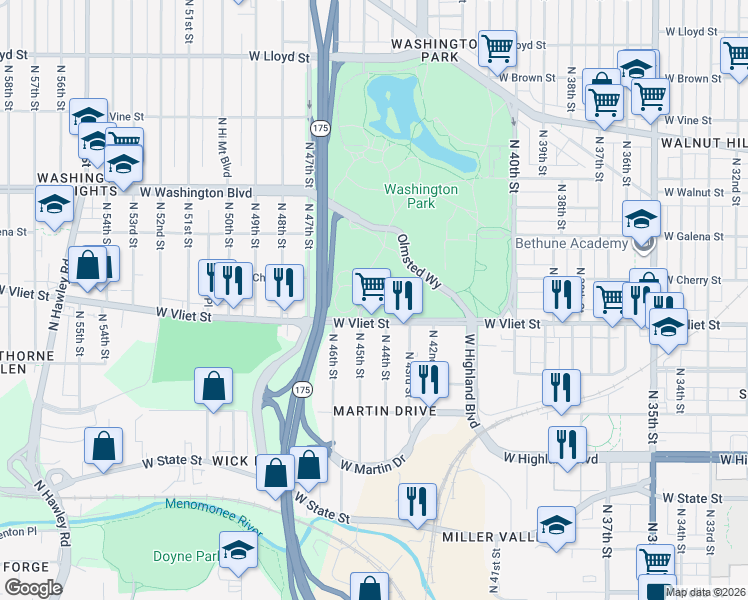 map of restaurants, bars, coffee shops, grocery stores, and more near 4420 West Vliet Street in Milwaukee