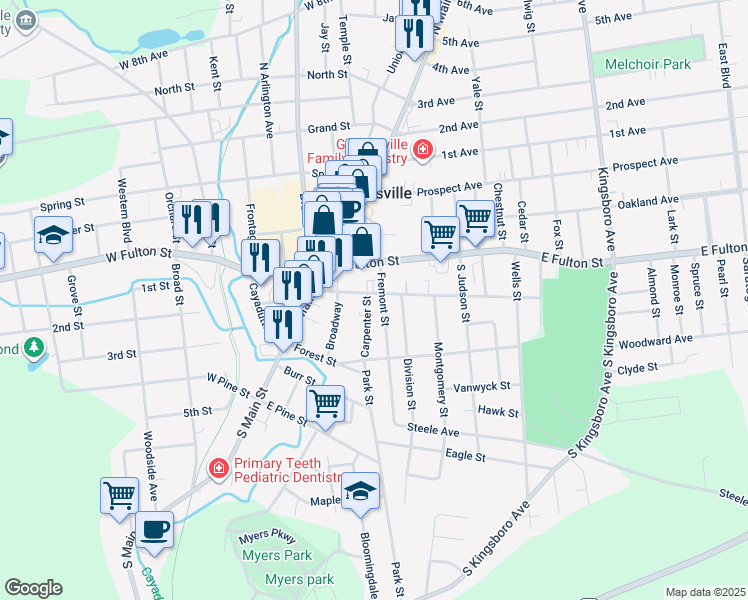 map of restaurants, bars, coffee shops, grocery stores, and more near 59 Washington Street in Gloversville