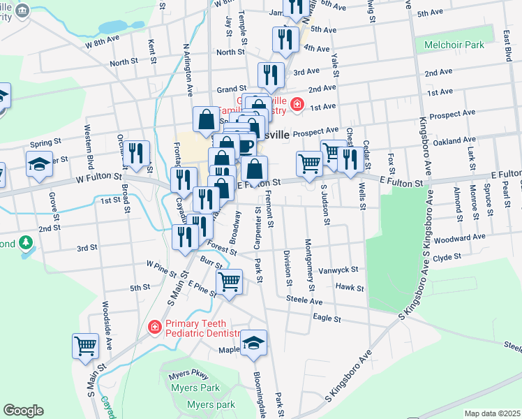 map of restaurants, bars, coffee shops, grocery stores, and more near 59 Washington Street in Gloversville