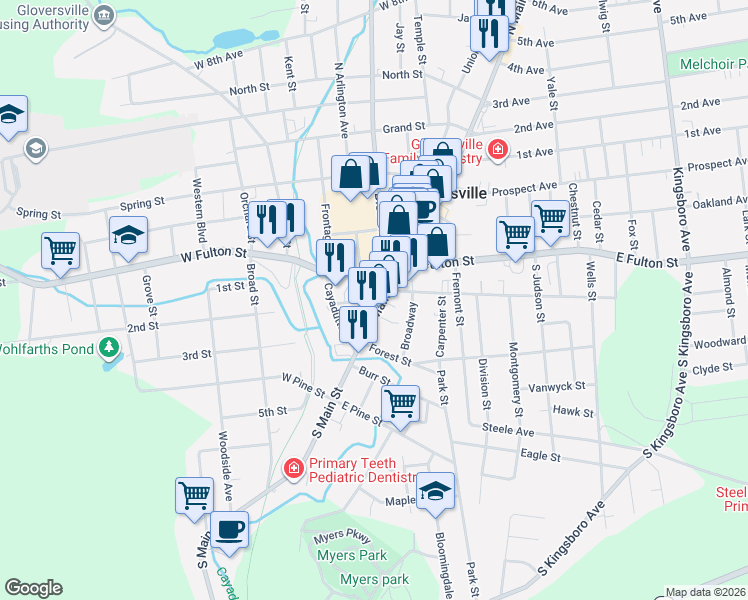 map of restaurants, bars, coffee shops, grocery stores, and more near 47 West Fulton Street in Gloversville
