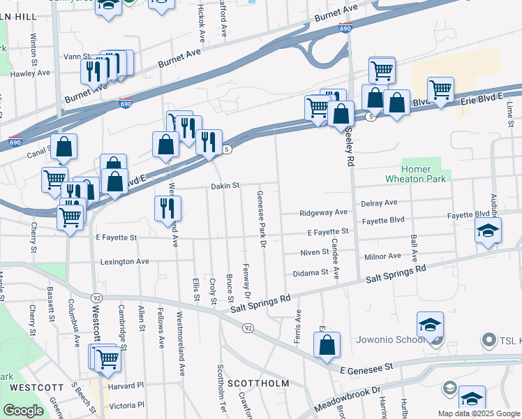 map of restaurants, bars, coffee shops, grocery stores, and more near 124 Genesee Park Drive in Syracuse