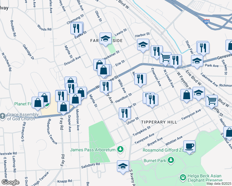 map of restaurants, bars, coffee shops, grocery stores, and more near 301 Cayuga Street in Syracuse