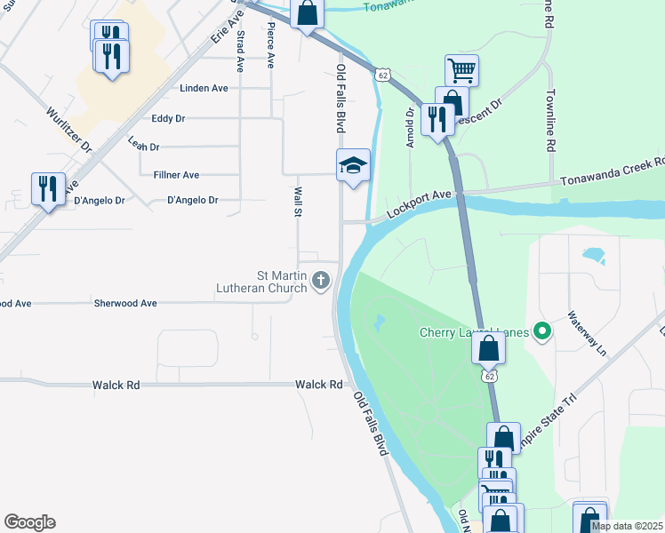 map of restaurants, bars, coffee shops, grocery stores, and more near 378 Old Falls Boulevard in North Tonawanda