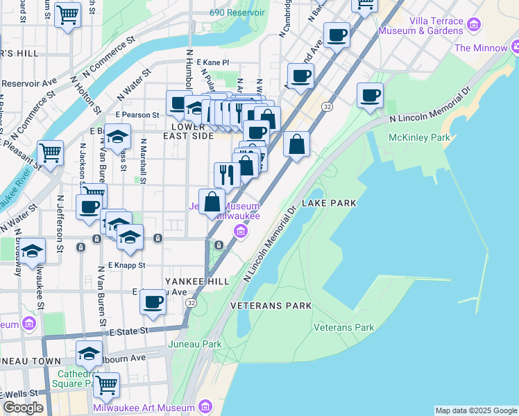 map of restaurants, bars, coffee shops, grocery stores, and more near 1428 East Albion Street in Milwaukee