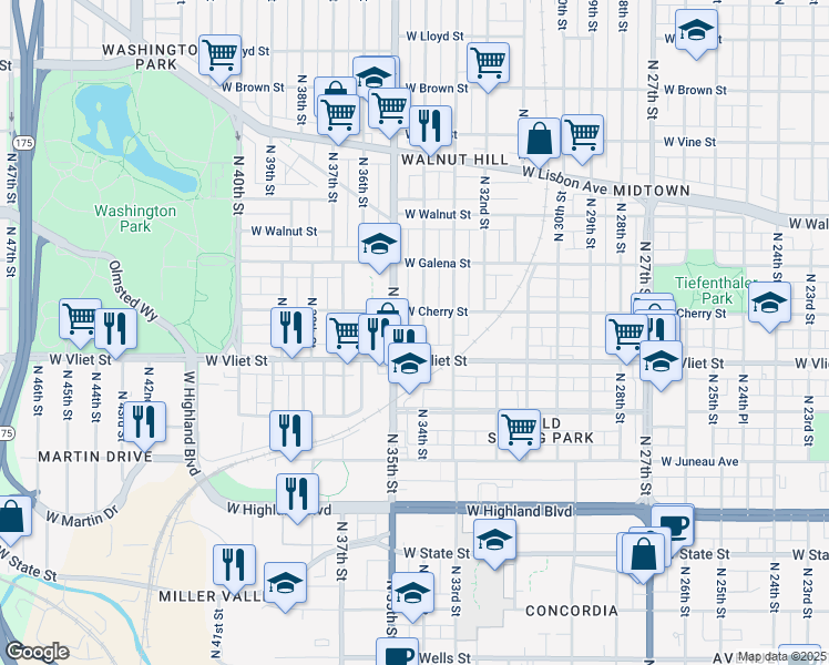 map of restaurants, bars, coffee shops, grocery stores, and more near 3403 West Cherry Street in Milwaukee