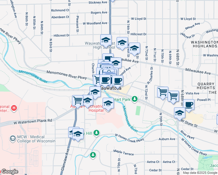 map of restaurants, bars, coffee shops, grocery stores, and more near in Wauwatosa