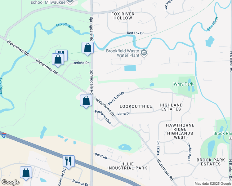 map of restaurants, bars, coffee shops, grocery stores, and more near 21600 Mary Lynn Drive in Brookfield