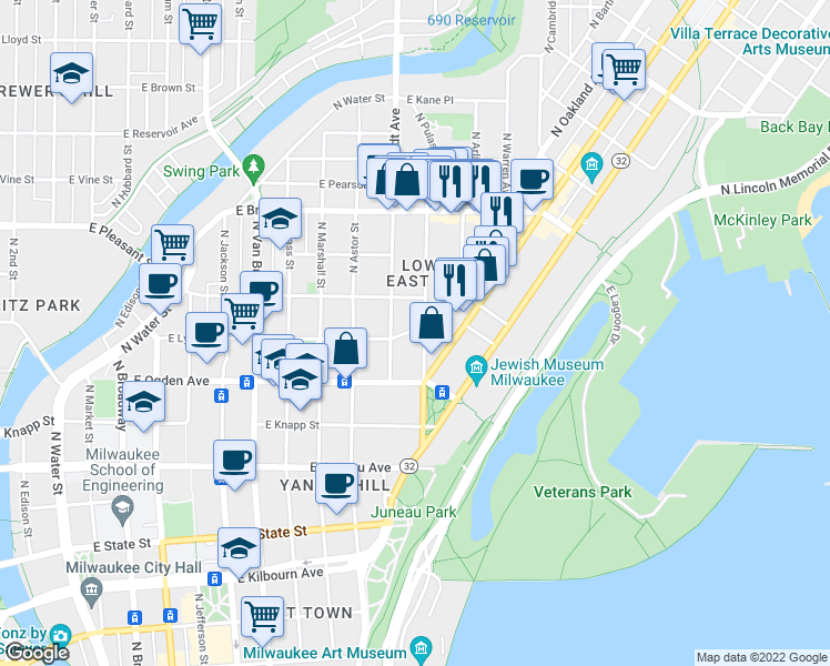 map of restaurants, bars, coffee shops, grocery stores, and more near 1463 North Franklin Place in Milwaukee