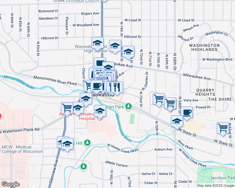 map of restaurants, bars, coffee shops, grocery stores, and more near 7434 Blanchard Street in Wauwatosa
