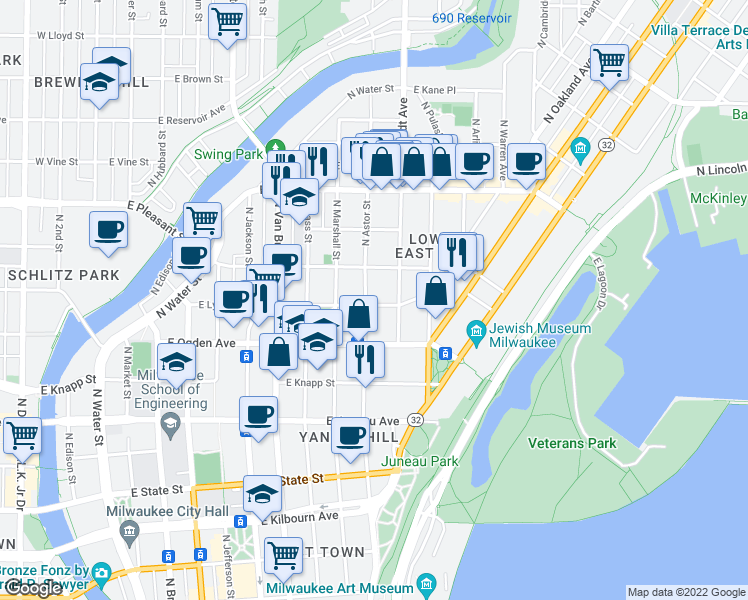 map of restaurants, bars, coffee shops, grocery stores, and more near 1527 North Astor Street in Milwaukee