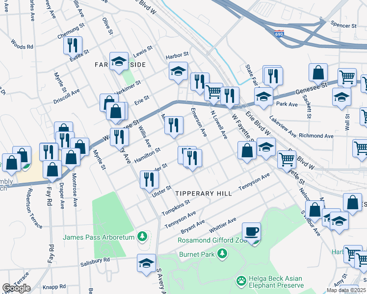 map of restaurants, bars, coffee shops, grocery stores, and more near 304 Milton Avenue in Syracuse